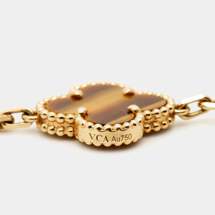 Pre Owned Van Cleef & Arpels Vintage Alhambra Tiger's Eye 18k Yellow Gold 5 Motif Bracelet