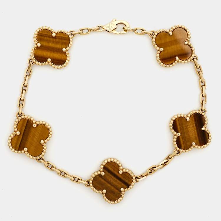 Pre Owned Van Cleef & Arpels Vintage Alhambra Tiger's Eye 18k Yellow Gold 5 Motif Bracelet