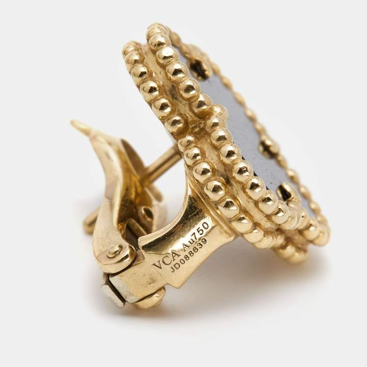 Pre Owned Van Cleef & Arpels Vintage Alhambra Onyx 18k Yellow Gold Earrings