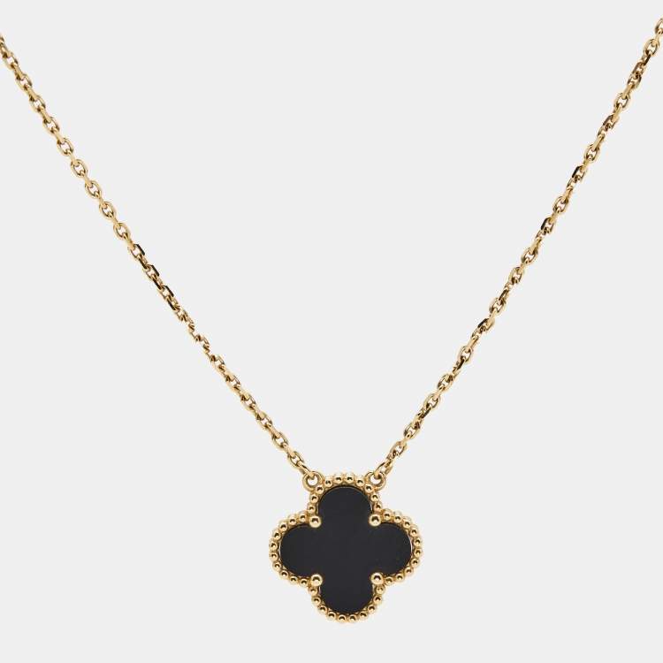 Pre Owned Van Cleef & Arpels Vintage Alhambra Onyx 18k Yellow Gold Necklace