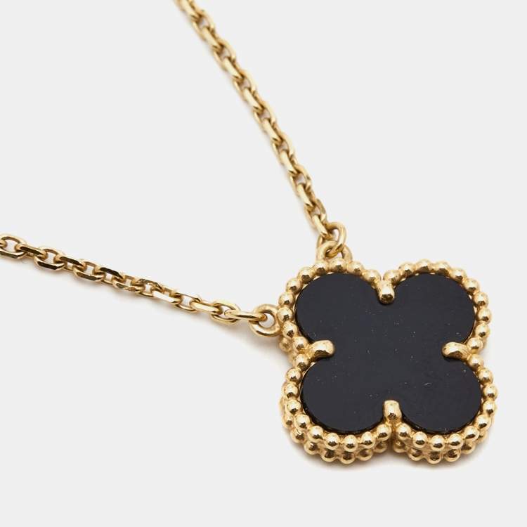 Pre Owned Van Cleef & Arpels Vintage Alhambra Onyx 18k Yellow Gold Necklace