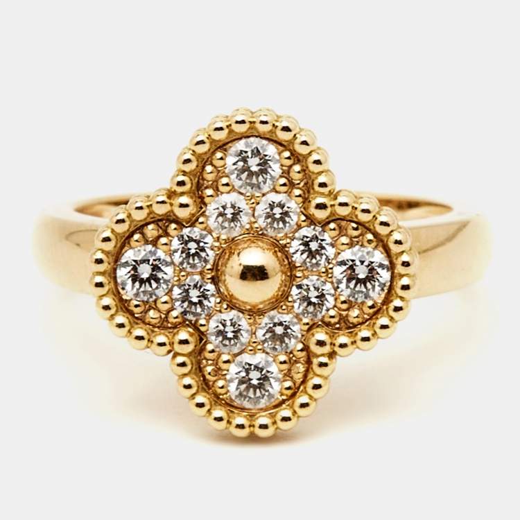 Pre Owned Van Cleef & Arpels Vintage Alhambra Diamond 18k Yellow Gold Ring Size 54