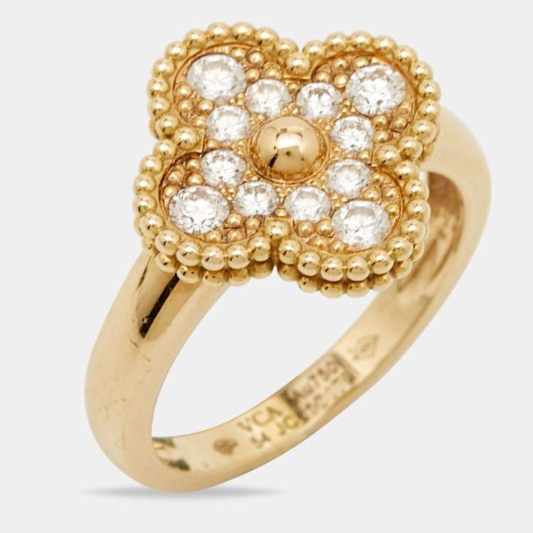 Pre Owned Van Cleef & Arpels Vintage Alhambra Diamond 18k Yellow Gold Ring Size 54