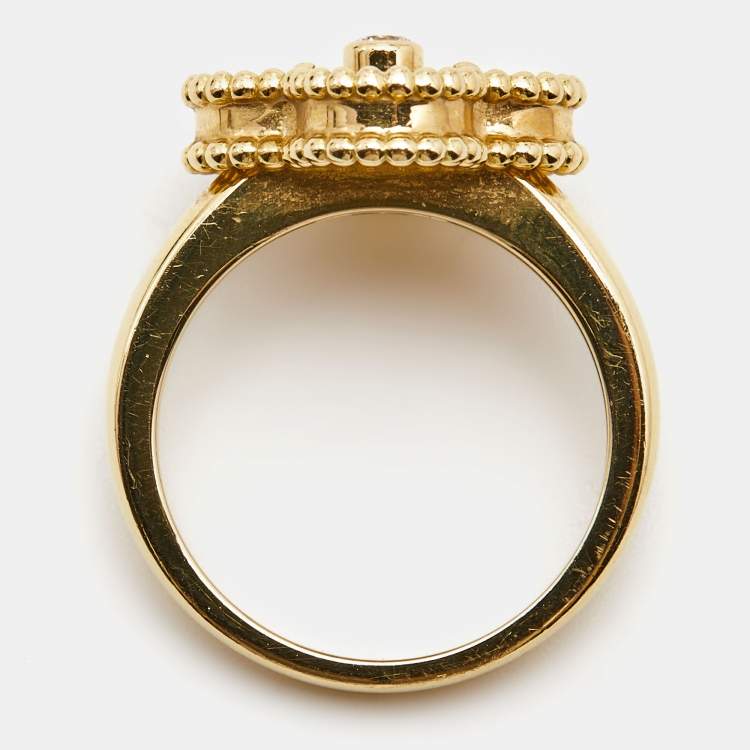 Pre Owned Van Cleef & Arpels Vintage Alhambra Tiger's Eye Diamond 18k Yellow Gold Ring Size 51