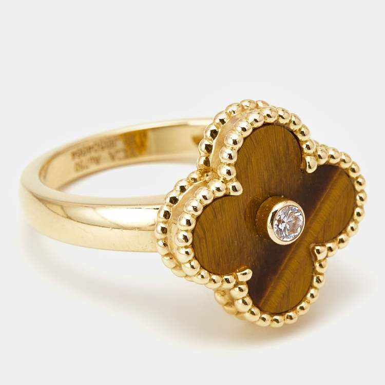 Pre Owned Van Cleef & Arpels Vintage Alhambra Tiger's Eye Diamond 18k Yellow Gold Ring Size 51