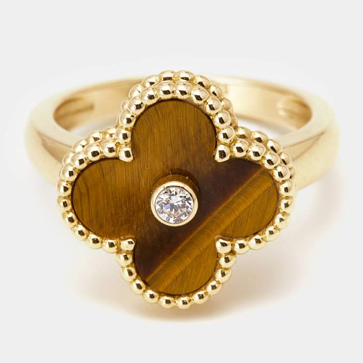 Pre Owned Van Cleef & Arpels Vintage Alhambra Tiger's Eye Diamond 18k Yellow Gold Ring Size 51