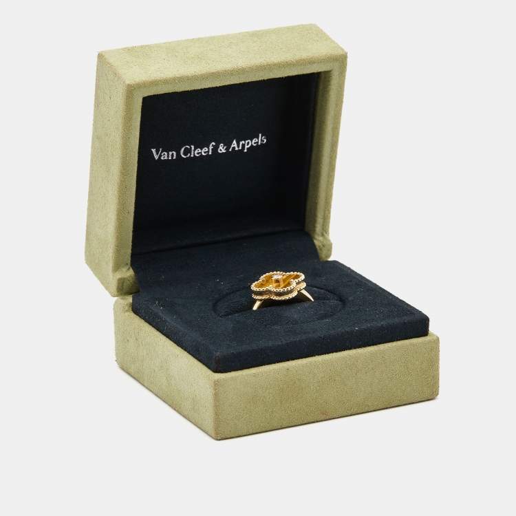 Pre Owned Van Cleef & Arpels Vintage Alhambra Tiger's Eye Diamond 18k Yellow Gold Ring Size 51