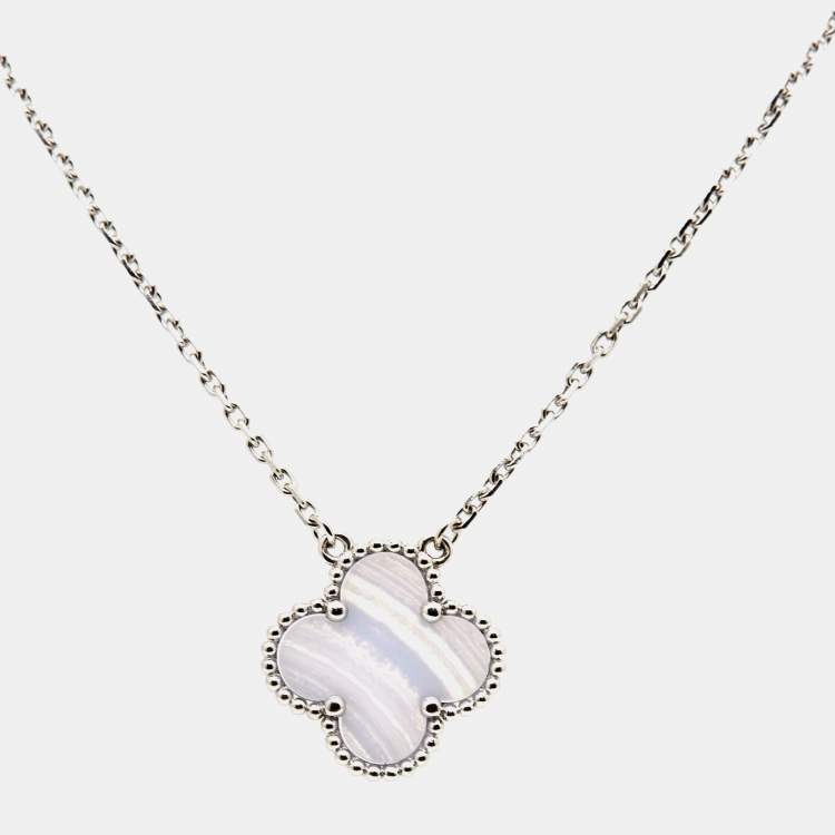 Pre Owned Van Cleef & Arpels Vintage Alhambra Chalcedony 18k White Gold Pendant Necklace