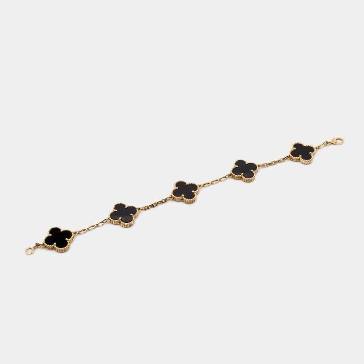 Pre Owned Van Cleef & Arpels Vintage Alhambra Onyx 18k Yellow Gold 5 Motif Station Bracelet