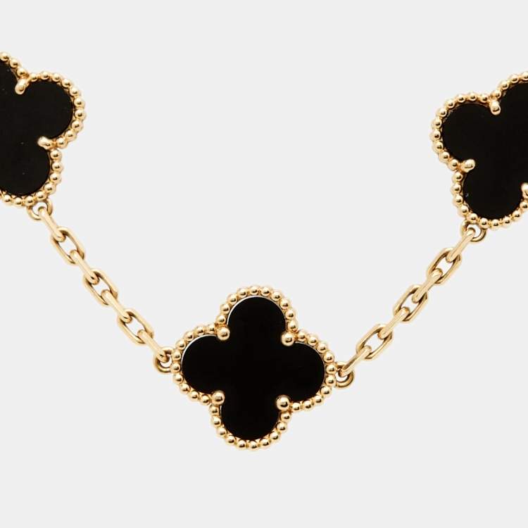 Pre Owned Van Cleef & Arpels Vintage Alhambra Onyx 18k Yellow Gold 5 Motif Station Bracelet