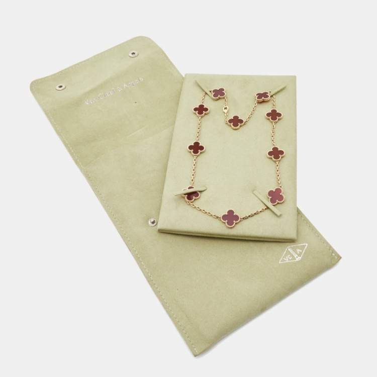 Pre Owned Van Cleef & Arpels Vintage Alhambra Carnelian 18k Yellow Gold 10 Motif Station Necklace