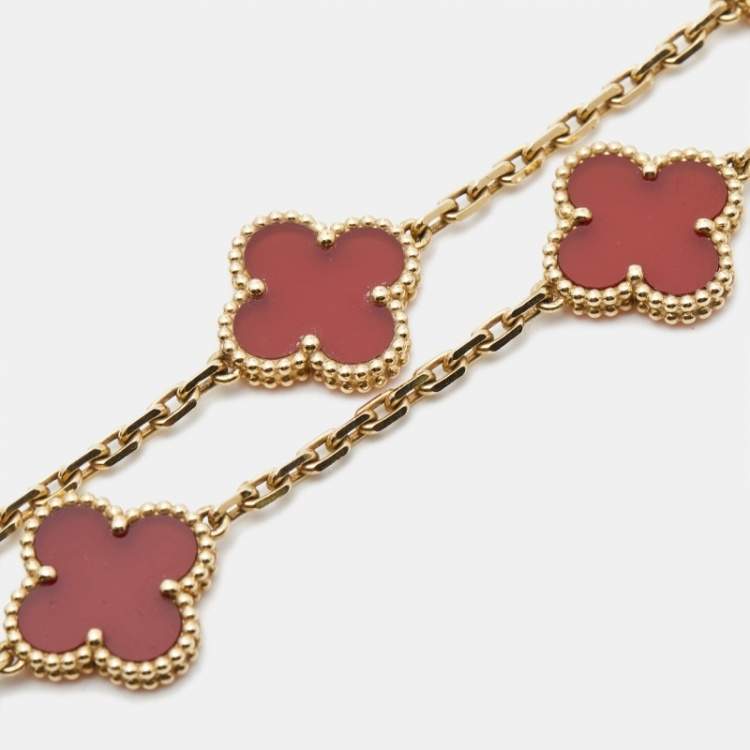 Pre Owned Van Cleef & Arpels Vintage Alhambra Carnelian 18k Yellow Gold 10 Motif Station Necklace