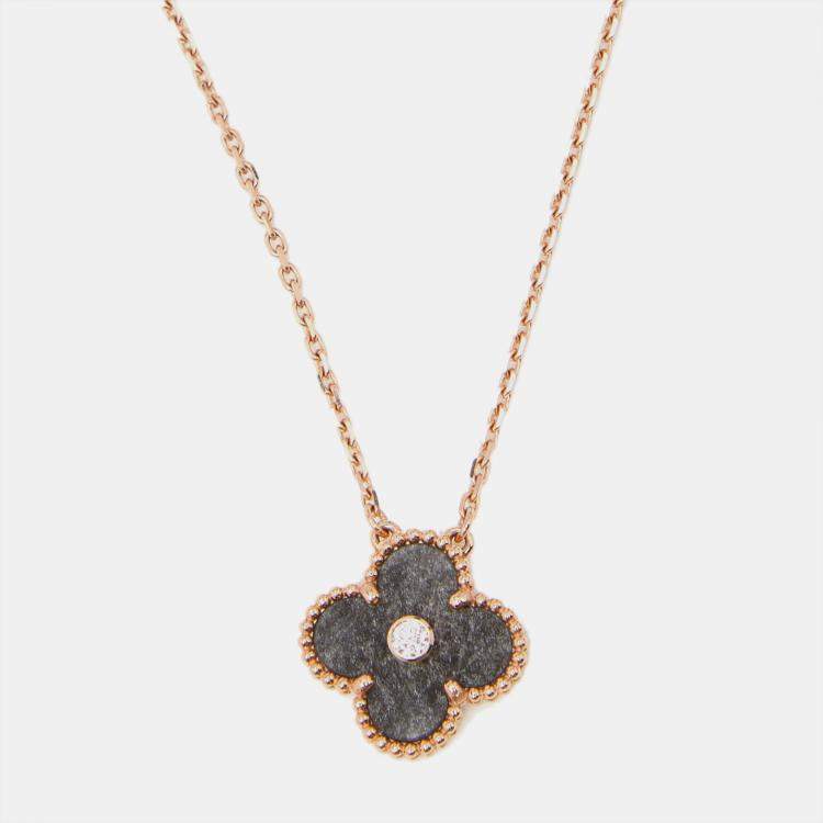 Pre Owned Van Cleef & Arpels Vintage Alhambra 2023 Holiday Limited Obsidian Diamond 18k Rose Gold Necklace