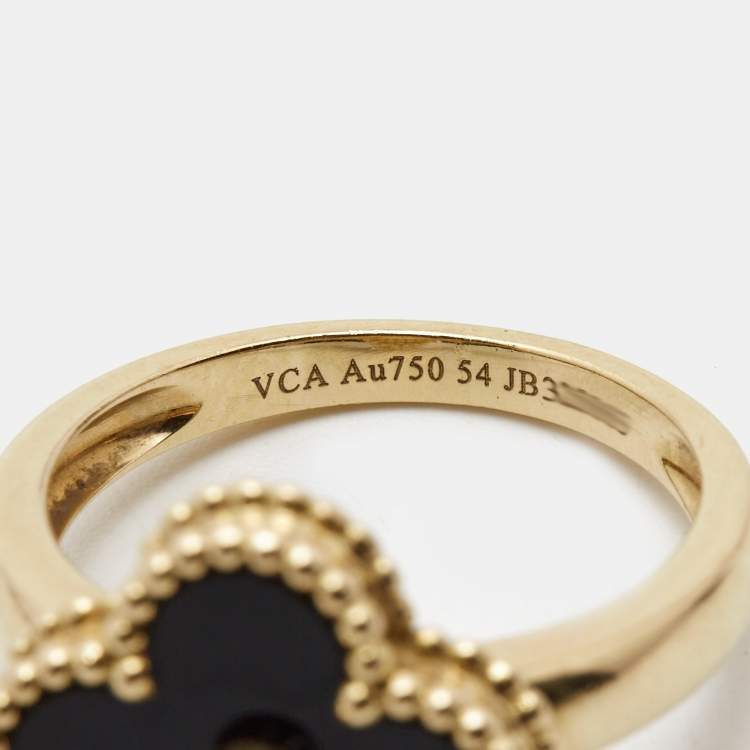 Pre Owned Van Cleef & Arpels Vintage Alhambra Onyx Diamond 18k Yellow Gold Ring Size 54