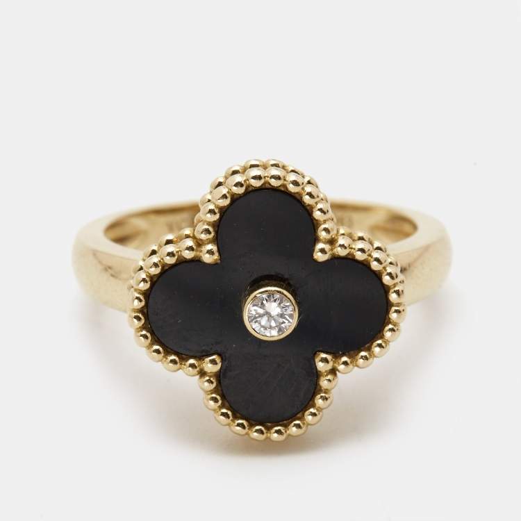 Pre Owned Van Cleef & Arpels Vintage Alhambra Onyx Diamond 18k Yellow Gold Ring Size 54