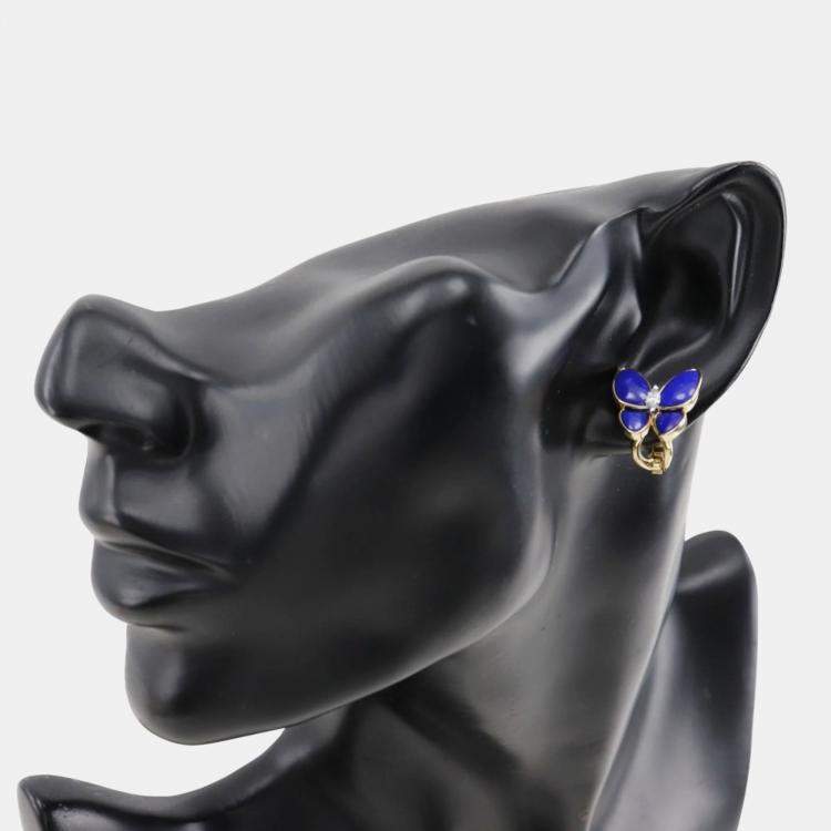 Pre Owned Van Cleef & Arpels 18K Yellow Gold, Diamond and Lapis Lazuli Two Butterfly Stud Earrings