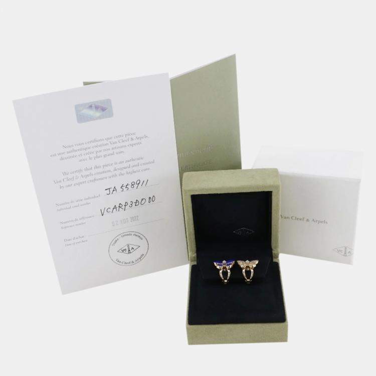 Pre Owned Van Cleef & Arpels 18K Yellow Gold, Diamond and Lapis Lazuli Two Butterfly Stud Earrings