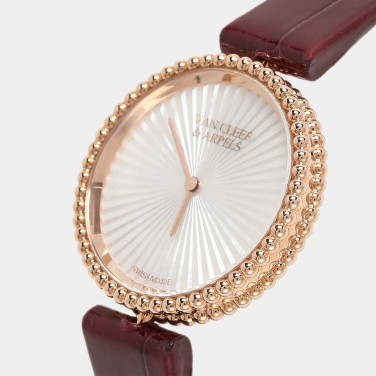 Pre Owned Van Cleef & Arpels Mother Of Pearl 18K Rose Gold Alligator Leather VCARPBMN00 Women's Wristwatch 30 mm