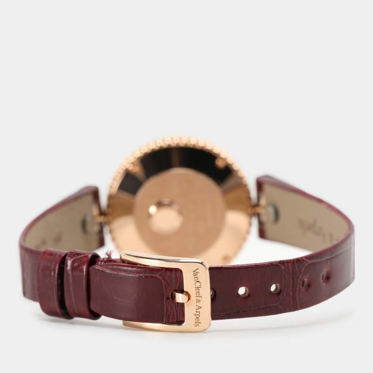 Pre Owned Van Cleef & Arpels Mother Of Pearl 18K Rose Gold Alligator Leather VCARPBMN00 Women's Wristwatch 30 mm