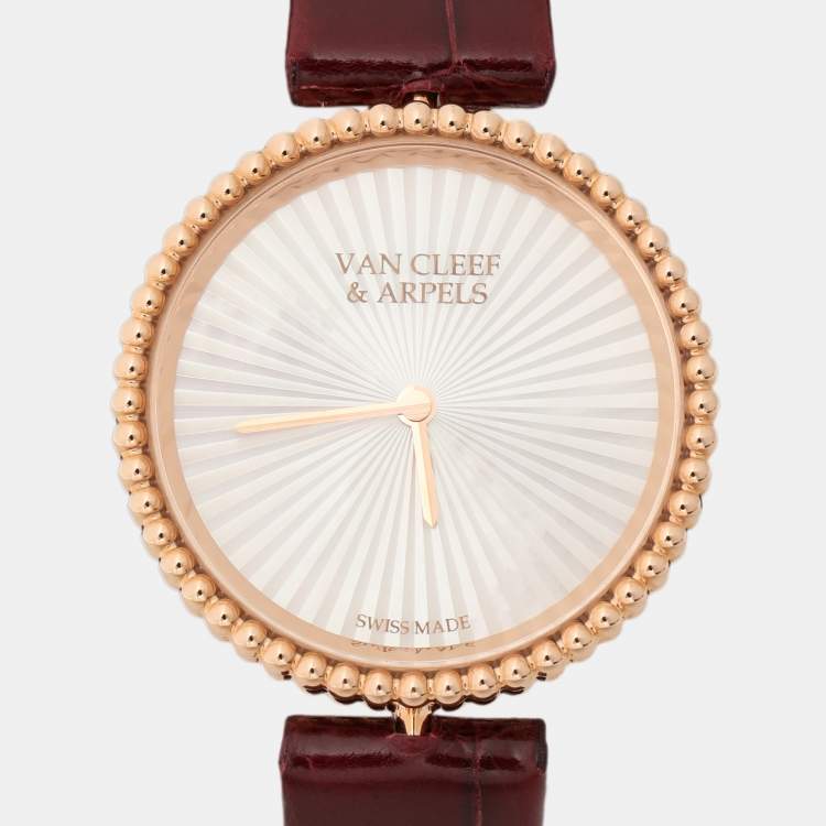 Pre Owned Van Cleef & Arpels Mother Of Pearl 18K Rose Gold Alligator Leather VCARPBMN00 Women's Wristwatch 30 mm