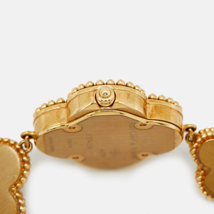 Pre Owned Van Cleef & Arpels Mother Of Pearl Onyx 18K Yellow Gold Small Model Alhambra VCARO40P00 Women's Wristwatch 26 mm