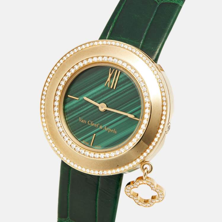 Pre Owned Van Cleef & Arpels Charms VCARO8NR00 Green Dial 18k Rose Gold Diamond Malachite Alligator Leather Women's Wristwatch 32 mm