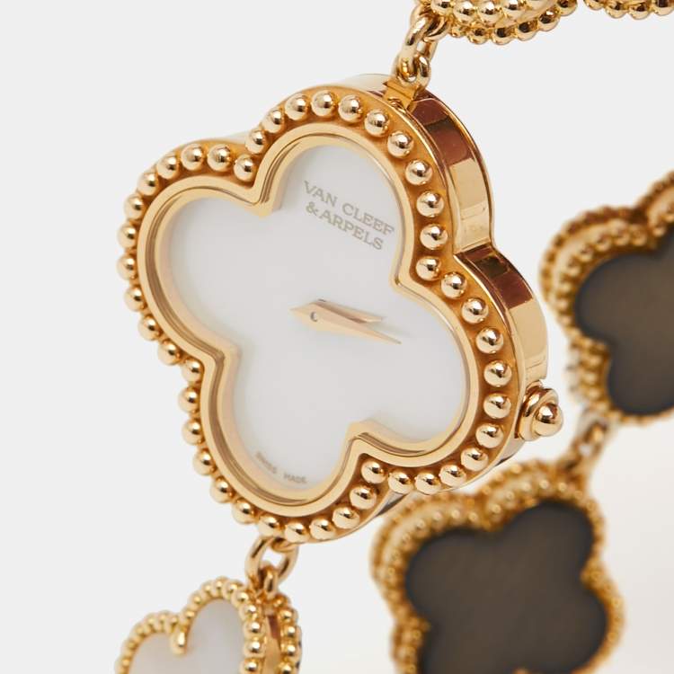 Pre Owned Van Cleef & Arpels Mother Of Pearl 18K Yellow Gold Vintage Alhambra 136674 Women's Bracelet Watch 26 mm