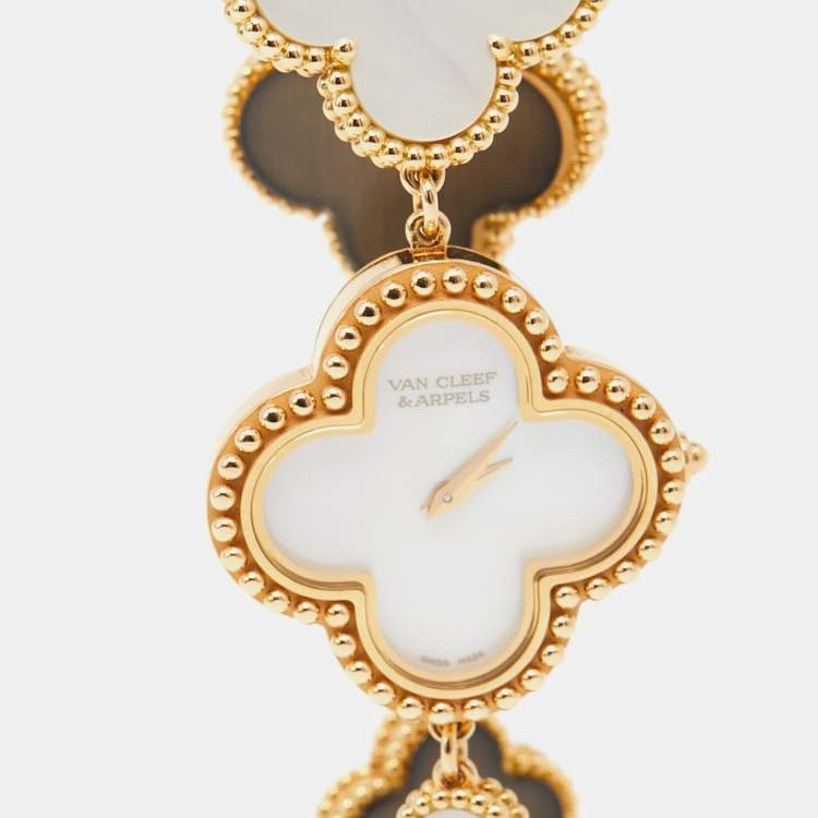 Pre Owned Van Cleef & Arpels Mother Of Pearl 18K Yellow Gold Vintage Alhambra 136674 Women's Bracelet Watch 26 mm