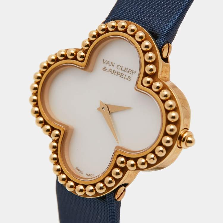 Pre Owned Van Cleef & Arpels Mother Of Pearl 18K Yellow Gold Satin Alhambra VCARD22000 Women's Wristwatch 29 mm