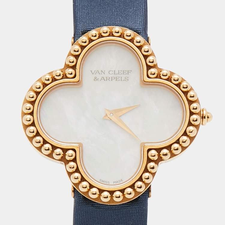 Pre Owned Van Cleef & Arpels Mother Of Pearl 18K Yellow Gold Satin Alhambra VCARD22000 Women's Wristwatch 29 mm