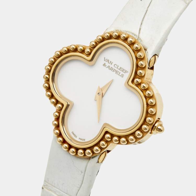 Van Cleef & Arpels White Mother Of Pearl 18K Yellow Gold Alligator Leather  Alhambra Small Model VCARD22000 Women's Wristwatch 25.50 mm Van Cleef &  Arpels