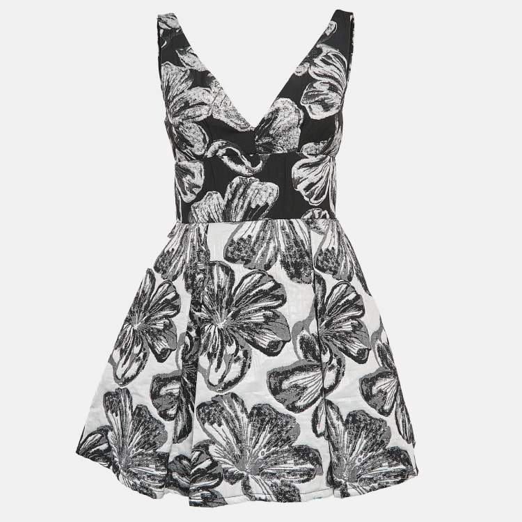 Pre Owned Vera Wang Black Floral Brocade Pleated Mini Dress S