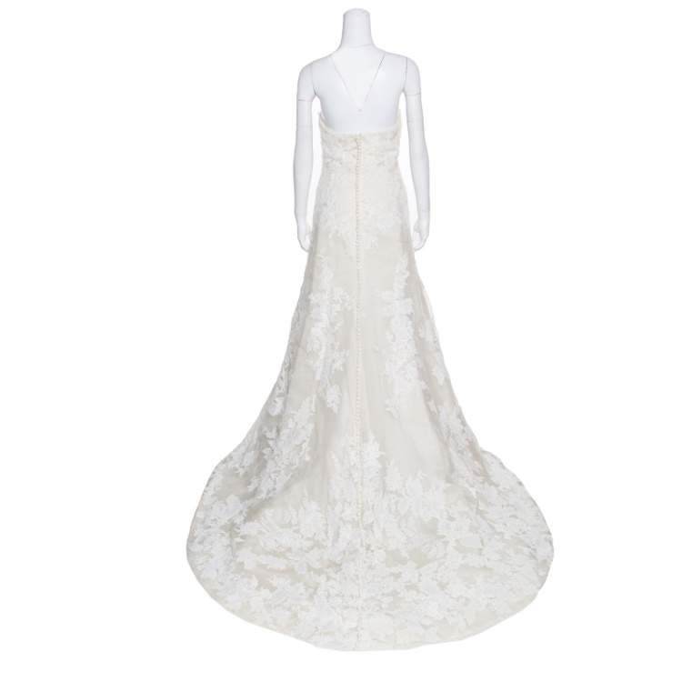 Pre Owned Vera Wang Luxe Cream Floral Lace Applique Embellished High Low Wedding Gown M