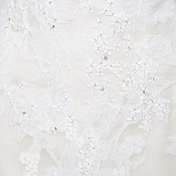 Pre Owned Vera Wang Luxe Cream Floral Lace Applique Embellished High Low Wedding Gown M