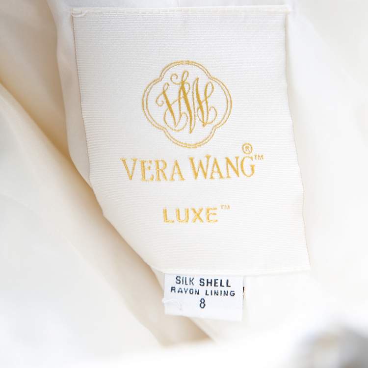 Pre Owned Vera Wang Luxe Cream Floral Lace Applique Embellished High Low Wedding Gown M