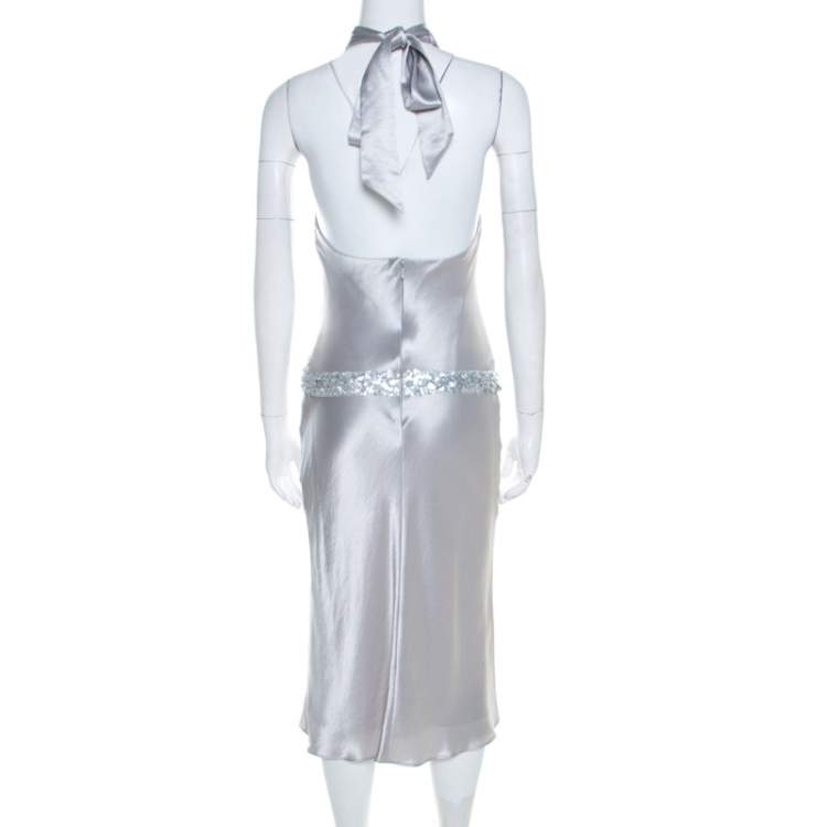 Pre Owned Vera Wang Grey Satin Sequin Embellished Halter Tie Up Flared Dress S