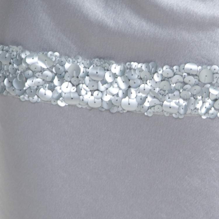 Pre Owned Vera Wang Grey Satin Sequin Embellished Halter Tie Up Flared Dress S