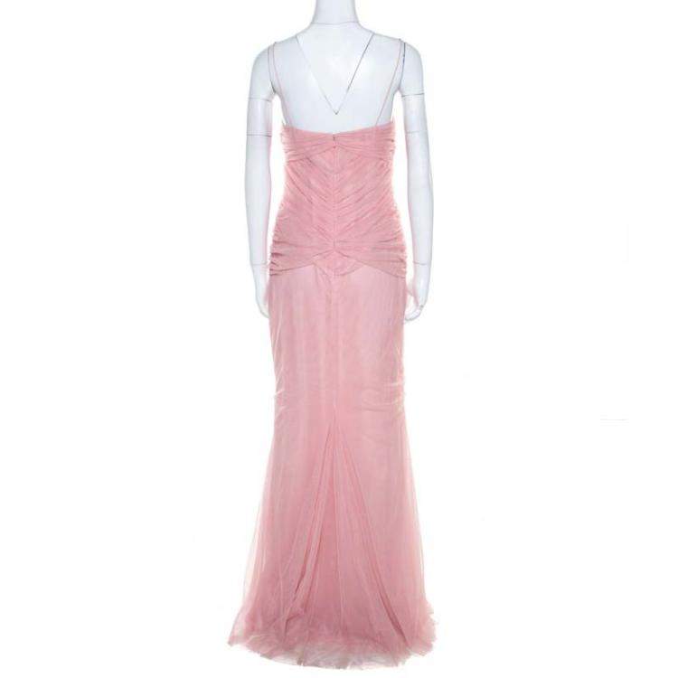 Pre Owned Vera Wang Blush Pink Ruched Tulle Sleeveless Evening Gown M
