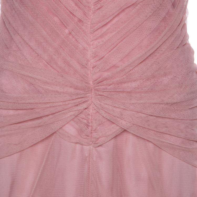 Pre Owned Vera Wang Blush Pink Ruched Tulle Sleeveless Evening Gown M