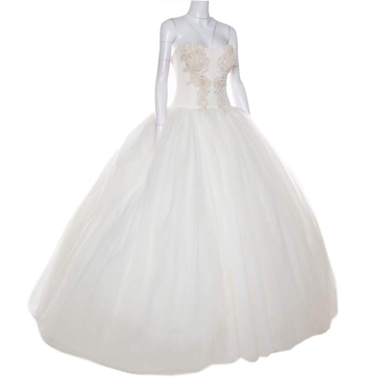 Pre Owned Vera Wang Cream Bead Embellished Silk Layered Tulle Gown L