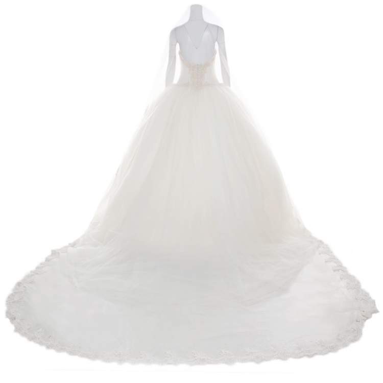 Pre Owned Vera Wang Cream Bead Embellished Silk Layered Tulle Gown L