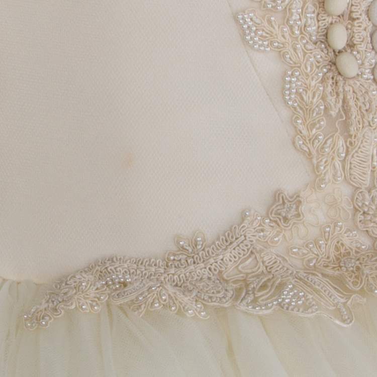 Pre Owned Vera Wang Cream Bead Embellished Silk Layered Tulle Gown L