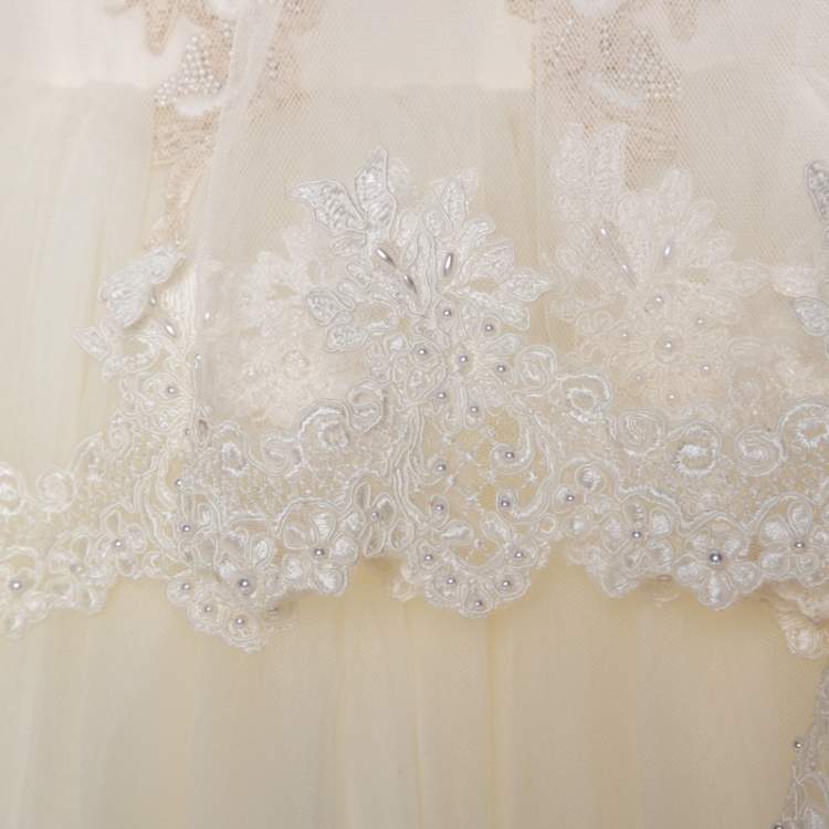 Pre Owned Vera Wang Cream Bead Embellished Silk Layered Tulle Gown L