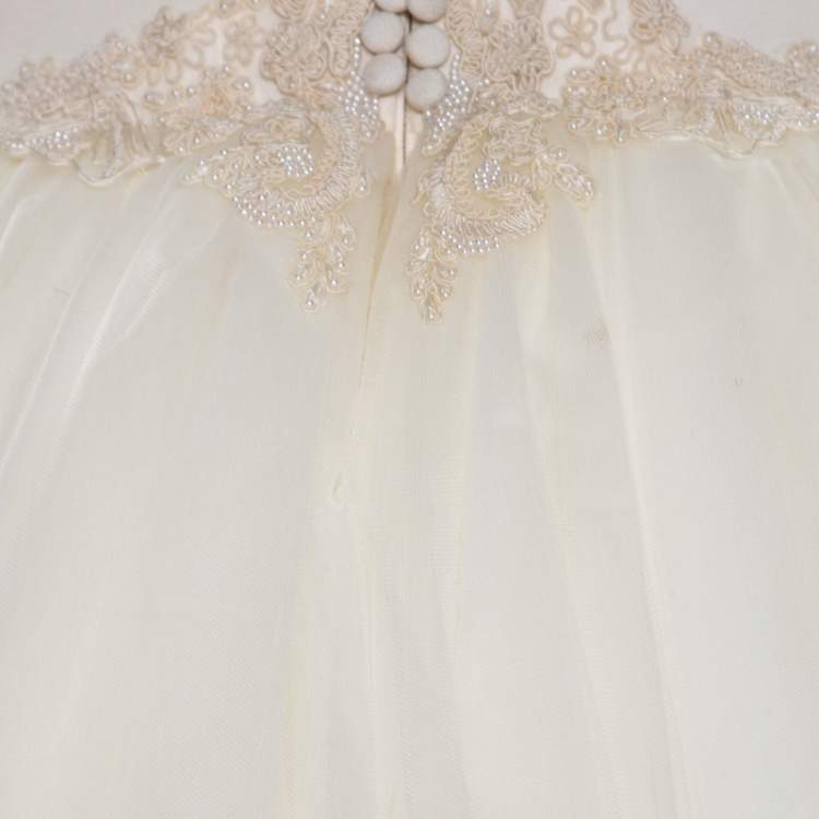 Pre Owned Vera Wang Cream Bead Embellished Silk Layered Tulle Gown L
