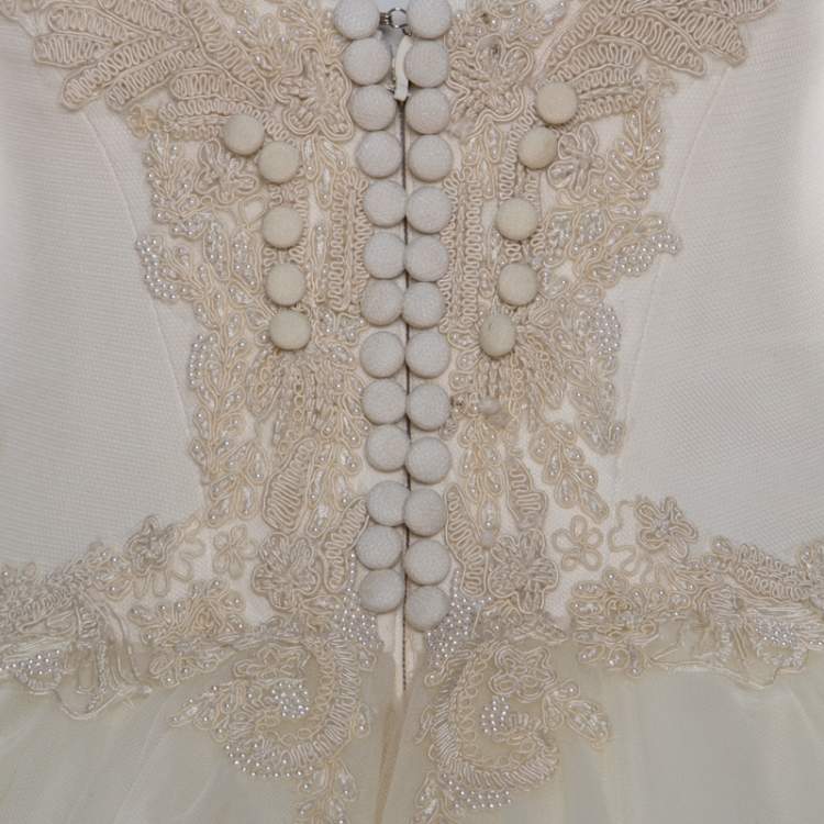 Pre Owned Vera Wang Cream Bead Embellished Silk Layered Tulle Gown L