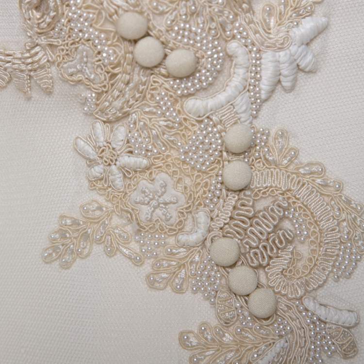 Pre Owned Vera Wang Cream Bead Embellished Silk Layered Tulle Gown L