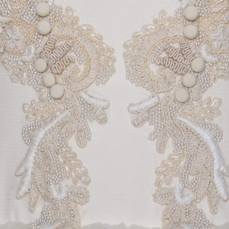 Pre Owned Vera Wang Cream Bead Embellished Silk Layered Tulle Gown L