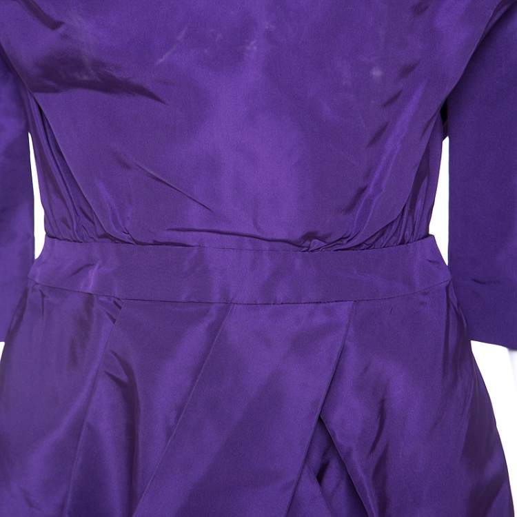 Pre Owned Vera Wang Purple Silk Crystal Embellished Off Shoulder Dress L