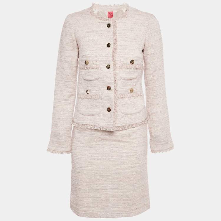 Pre Owned Veronica Virta Pink Lurex Tweed Blazer & Skirt Suit Set XS