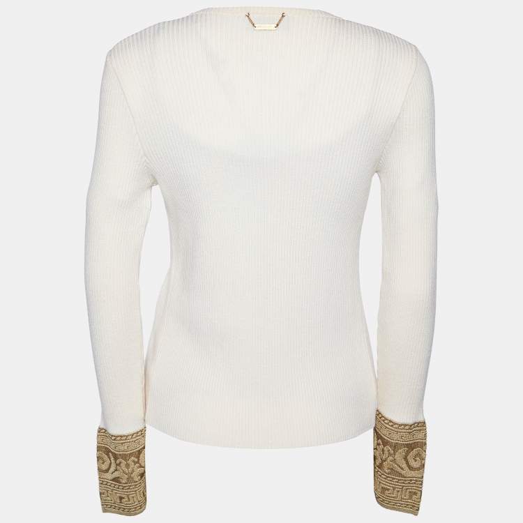 Pre Owned Versace Classic V2 Beige Wool Rib Knit Cardigan & Gold Lurex Knit Cami Top Set M